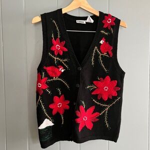Vintage‎ Cardinal Bird Floral Sweater Vest Small Holiday Grandmacore Cottagecore